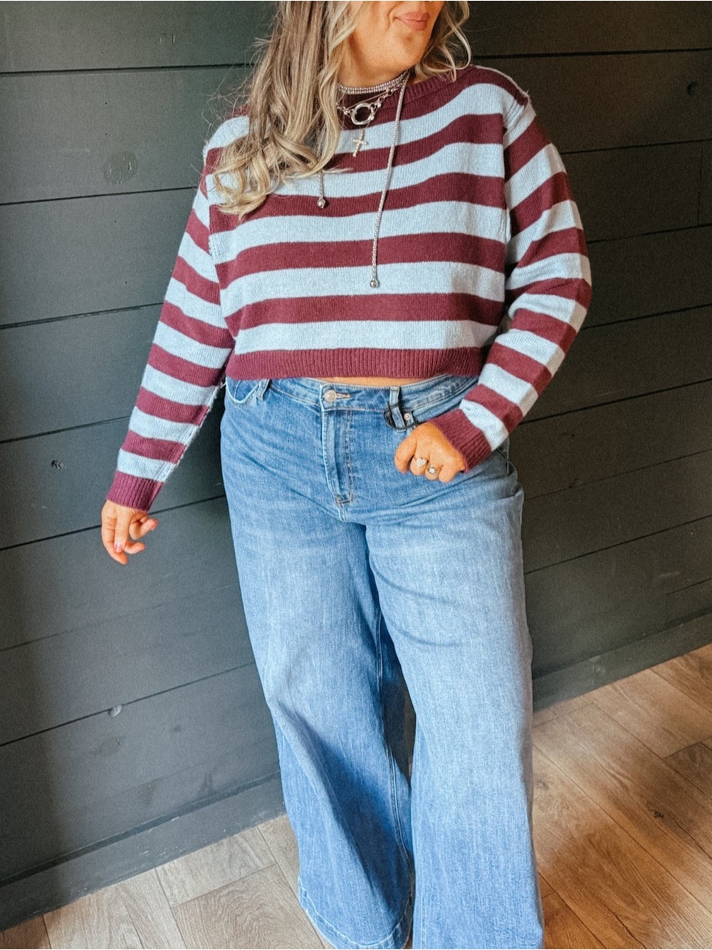 Double Zero Cherry Mocha and Blue Stripe Boatneck Sweater